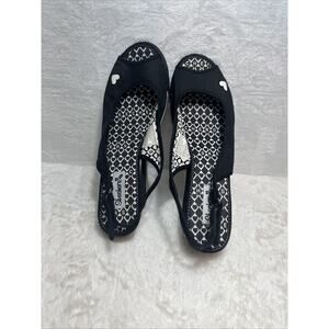 Women 10 Skechers Open Toe 3" Wedge Heel Shoes Black Heart Adjustable Strap